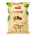 Gelbe Verpackung von Nectaflor Zedernkernen mit Pinienzapfen und Sichtfenster mit Zedernkernen.