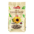 Verpackung von Nectaflor Schweizer Sonnenblumenkernen (180 g). Beige Verpackung mit grosser gelber Sonnenblume, Schweizer Flagge und Sichtfenster mit geschälten Sonnenblumenkernen. Produkt aus Schweizer Sonnenblumenkernen.