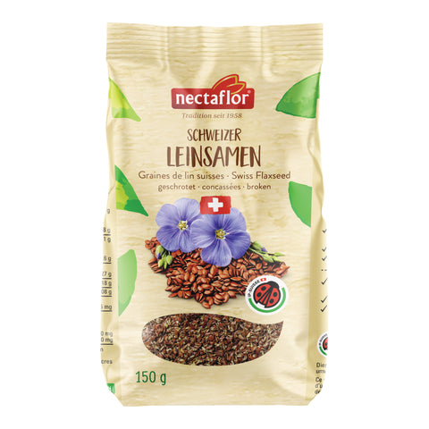 Packung mit 150 Gramm geschrotetem Schweizer Leinsamen der Marke nectaflor mit Abbildung von Leinsamen und blauen Leinenblüten