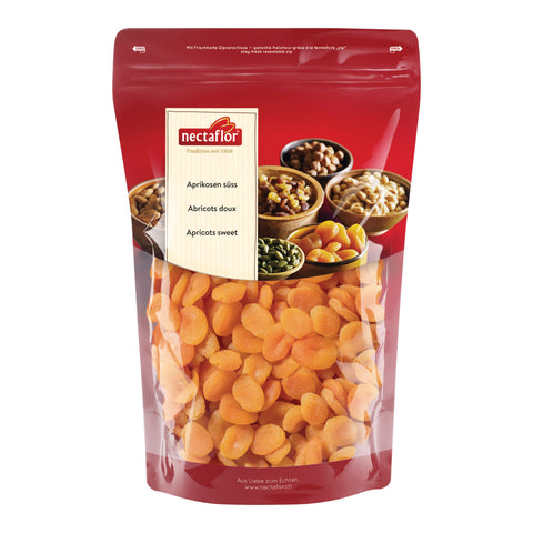 Rote Verpackung mit getrockneten Aprikosen und Bildern von Nüssen und Samen