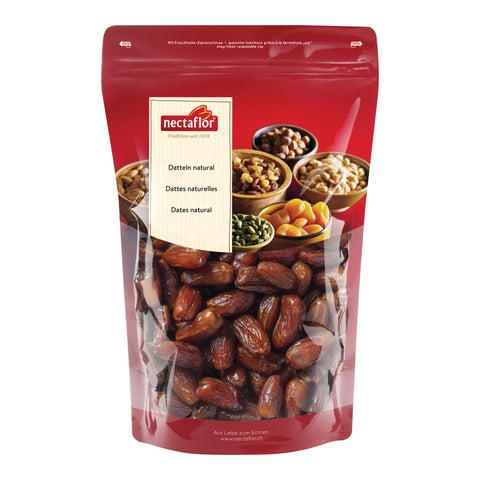 Rote Verpackung mit durchsichtiger Front, gefüllt mit Datteln, Aufdruck 'nectaflor Tradition seit 1958 Datteln natural Dattes naturelles Dates natural'
