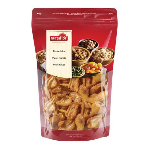 Rote Verpackung mit transparentem Sichtfenster, darin getrocknete Birnenhälften, auf der Vorderseite das Logo 'nectaflor' und die Aufschrift 'Birnen halbe Poires moitiés Pears halves'