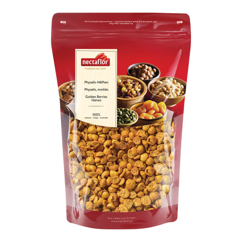 Rote Verpackung mit durchsichtiger Front, gefüllt mit getrockneten Physalis-Hälften, auf der Vorderseite ein Etikett mit der Marke 'nectaflor' und Produktbeschreibung