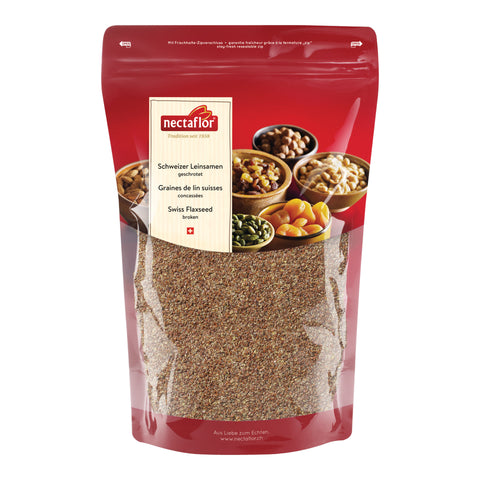 Rote Verpackung mit durchsichtigem Fenster und Aufdruck von verschiedenen Samen und Nüssen sowie dem Schriftzug 'nectaflor Schweizer Leinsamen geschrotet'