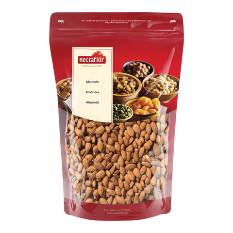 Rote Verpackung mit durchsichtiger Front, gefüllt mit Mandeln, darauf ein Etikett mit der Marke 'nectaflor' und den Worten 'Mandeln', 'Amandes', 'Almonds'