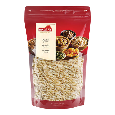 Rote Verpackung mit durchsichtiger Front, die gestiftelte Mandeln zeigt, mit dem Markenlogo 'nectaflor' und Bildern von Nüssen und Trockenfrüchten