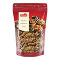 Rote Verpackung mit durchsichtiger Front, die Walnusskerne zeigt, und Aufdruck 'nectaflor Walnusskerne Cerneaux de noix Walnuts'