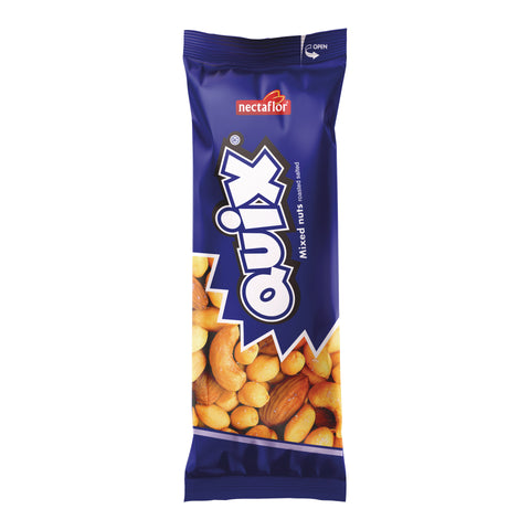 Verpackung eines blauen Snacks mit der Aufschrift 'QUIX' und 'nectaflor' sowie einer Abbildung gemischter Nüsse