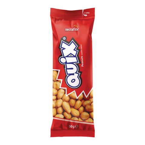 Rote Verpackung mit der Aufschrift 'quiX' und 'nectaflor' gefüllt mit Erdnüssen
