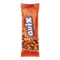 Orangefarbene Verpackung mit der Aufschrift 'QUIX' und 'Mixed Nuts Paprika' sowie einer Abbildung von gemischten Nüssen