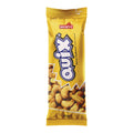 Gelbe Verpackung mit der Aufschrift 'QUIX' und 'Curry Cashews roasted salted' sowie dem Markenlogo 'nectaflor' und einer Abbildung von Cashewkernen