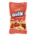 Rote Verpackung mit der Aufschrift 'nectaflor CRISPY Quix Strawberry Mix' und getrockneten Früchten sichtbar im unteren Bereich