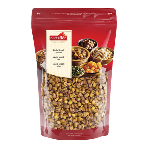 Verpackung mit gesalzenem Mais-Snack von Nectaflor. Roter Standbeutel mit Sichtfenster, gefüllt mit gerösteten Maiskörnern. Aufdruck mit verschiedenen Nüssen, Kernen und Trockenfrüchten.