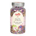 Glas mit 140 Gramm Schweizer Salat-Mix mit Blumen von nectaflor mit silbernem Deckel und buntem Inhalt