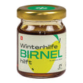 Glas mit goldfarbenem Deckel und Etikett mit der Aufschrift 'Winterhilfe BIRNEL hilft' und einer gelben Birnenillustration