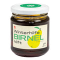 Glas mit dunklem Inhalt und Etikett mit Aufschrift 'Winterhilfe BIRNEL hilft' und gelber Birne