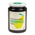Glas mit weißem Deckel und Etikett mit gelber Birne und Schriftzug 'Winterhilfe BIRNEL hilft'