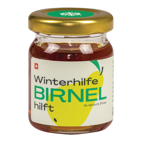 Glas mit goldfarbenem Deckel und Etikett mit gelber Birne und Schriftzug "Winterhilfe BIRNEL hilft"