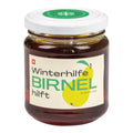 Glas mit weißem Deckel und Etikett mit gelber Birne und Schriftzug 'Winterhilfe BIRNEL hilft'
