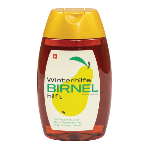 Honigglas mit gelbem Deckel und Etikett mit der Aufschrift 'Winterhilfe BIRNEL hilft' und einer gelben Birne