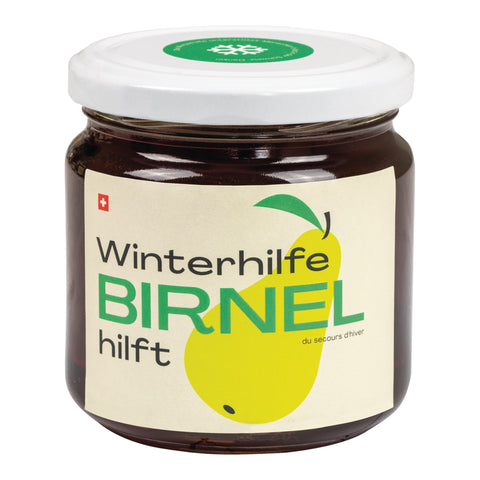 Glas mit weißem Deckel und Etikett mit gelber Birne und Schriftzug "Winterhilfe BIRNEL hilft"