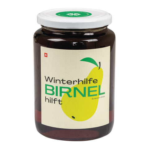 Glas mit weißem Deckel und Etikett mit gelber Birne und Schriftzug 'Winterhilfe BIRNEL hilft'