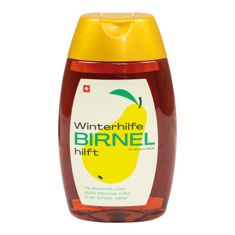 Plastikflasche mit gelbem Deckel und Etikett mit gelber Birne und Text 'Winterhilfe BIRNEL hilft'