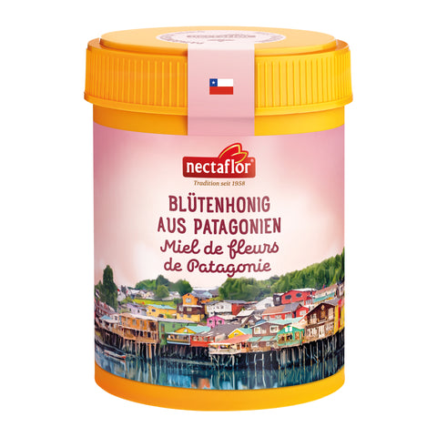 Gelbe Honigdose mit Farbigem Etikett auf dem farbige Häuser zu sehen sind und der Titel 'Blütenhonig aus Patagonien'