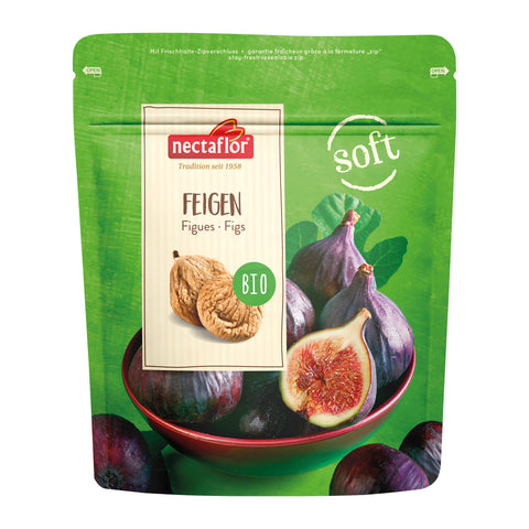 Grüne Verpackung mit Abbildung von frischen und getrockneten Feigen in einer Schale und der Aufschrift 'nectaflor Feigen BIO soft'