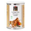 Dose mit Gewürzmischung von Swiss Alpine Herbs für Geflügel mit Bild von gewürzten Hähnchenschenkeln und Kräutern