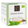 Verpackung des Grüntees Sencha von Finest Organic Tea. Weiße Teeschachtel mit hellgrünen Akzenten, Abbildung einer Tasse Grüntee, grünen Teeblättern und 14 Teebeuteln.