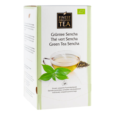 Verpackung des Grüntees Sencha von Finest Organic Tea. Weiße Teeschachtel mit hellgrünen Akzenten, Abbildung einer Tasse Grüntee, grünen Teeblättern und 24 einzeln verpackten Pyramidenbeuteln.