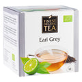 Verpackung des Earl-Grey-Tees von Finest Organic Tea. Weiße Teeschachtel mit grauen Akzenten, Abbildung einer Tasse Schwarztee, einer Limette und 14 Teebeuteln