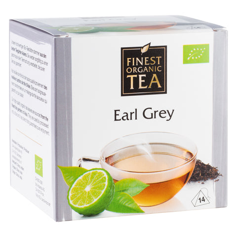 Verpackung des Earl-Grey-Tees von Finest Organic Tea. Weiße Teeschachtel mit grauen Akzenten, Abbildung einer Tasse Schwarztee, einer Limette und 14 Teebeuteln