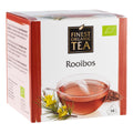 Verpackung des Rooibos-Tees von Finest Organic Tea. Weiße Teeschachtel mit rötlichen Akzenten, Abbildung einer Tasse Rooibostee, Rooibosblättern und gelben Blüten. Enthält 14 Teebeutel.