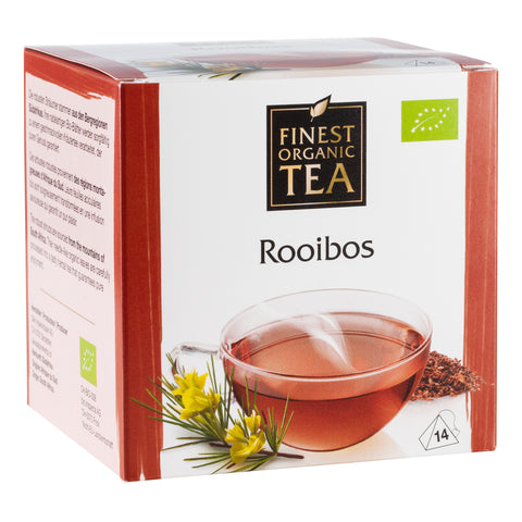 Verpackung des Rooibos-Tees von Finest Organic Tea. Weiße Teeschachtel mit rötlichen Akzenten, Abbildung einer Tasse Rooibostee, Rooibosblättern und gelben Blüten. Enthält 14 Teebeutel.