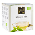 Verpackung des Weißen Tees von Finest Organic Tea. Weiße Teeschachtel mit Abbildung einer Tasse Weißtee, grünen Teeblättern und 14 Teebeuteln.