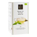 Weiße Verpackung des Weißen Tees von Finest Organic Tea mit Teetasse, Teeblättern und 24 Pyramidenbeuteln.