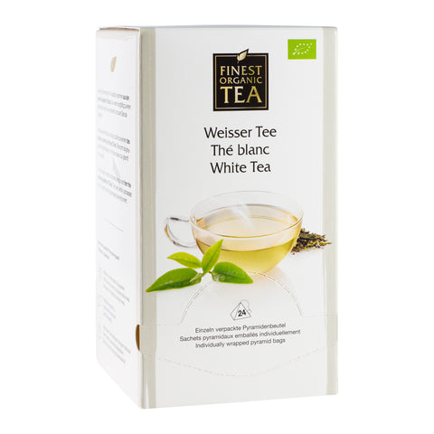 Weiße Verpackung des Weißen Tees von Finest Organic Tea mit Teetasse, Teeblättern und 24 Pyramidenbeuteln.