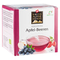 Verpackung des Früchtetees Apfel-Beeren von Swiss Alpine Herbs. Weiße Teeschachtel mit pinken Akzenten, einer Tasse Früchtetee sowie Abbildungen von Apfel, Beeren und Hagebutten. Enthält 14 Teebeutel.