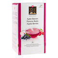 Weiße Verpackung des Früchtetees Apfel-Beeren von Swiss Alpine Herbs mit Teetasse, Beeren und 24 Pyramidenbeuteln.