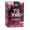 Dunkelrote Verpackung des Aronia-Hagebutte-Tees Topas von Alta Terra mit Bio-Suisse-Zertifizierung und 20 Teebeuteln.