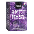 Verpackung des Kräutertees ‚Amethyst‘ von Alta Terra. Violette Teeschachtel mit Kristallmuster, Rosenmelisse-Aronia-Tee, Bio-Suisse-Logo und 20 einzeln verpackten Teebeuteln.