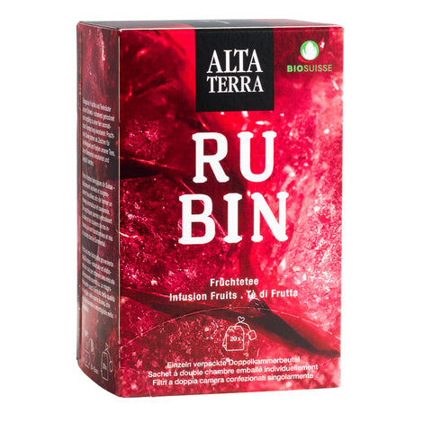 Rote Verpackung des Früchtetees Rubin von Alta Terra mit Bio-Suisse-Zertifizierung und 20 Teebeuteln.