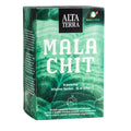 Verpackung des Bio-Kräutertees ‚Malachit‘ von Alta Terra. Grüne Teeschachtel mit Blattmuster, Bio Suisse Logo und 20 einzeln verpackten Teebeuteln