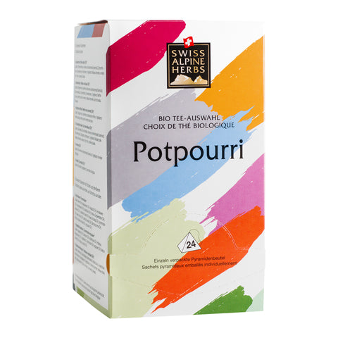 Bunte Teebox Potpourri mit Bio-Tee-Auswahl von Swiss Alpine Herbs.