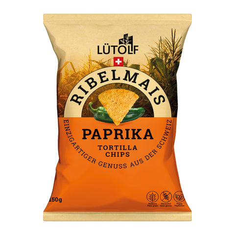 Orange Verpackung mit Ribelmais Paprika Tortilla Chips von Lütolf.