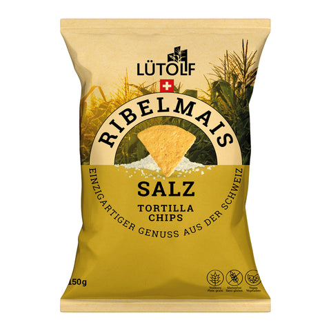 Goldene Verpackung mit Ribelmais Salz Tortilla Chips von Lütolf.