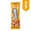 Gelbe Verpackung mit der Aufschrift 'nectaflor QUIX HONEY & SALT CASHEW AND PEANUTS' und Abbildung von Cashew- und Erdnusskernen mit Honiglöffel