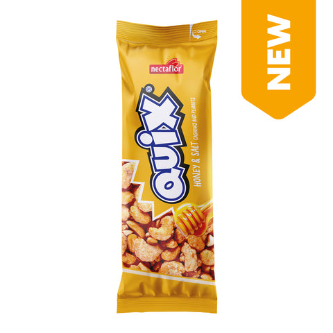 Gelbe Verpackung mit der Aufschrift 'nectaflor QUIX HONEY & SALT CASHEW AND PEANUTS' und Abbildung von Cashew- und Erdnusskernen mit Honiglöffel